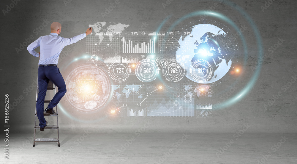 Poster Businessman using graph screens interface on a wall 3D rendering