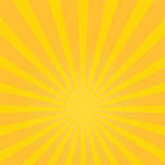 Beautiful summer sunburst background. yellow rays pop art background. retro vector illustration.