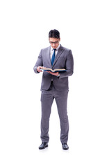 Businessman student reading a book isolated on white background