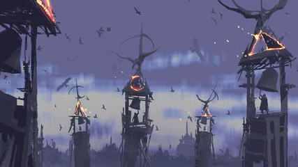Fototapeten dark fantasy concept of people ringing bell on tower against birds flying in evening sky, digital art style, illustration painting © grandfailure