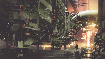 sci-fi scenery of cyberpunk city with futuristic buildings, digital art style, illustration painting © grandfailure