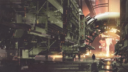 Schilderijen op glas sci-fi landschap van cyberpunk stad met futuristische gebouwen, digitale kunststijl, illustratie schilderij © grandfailure