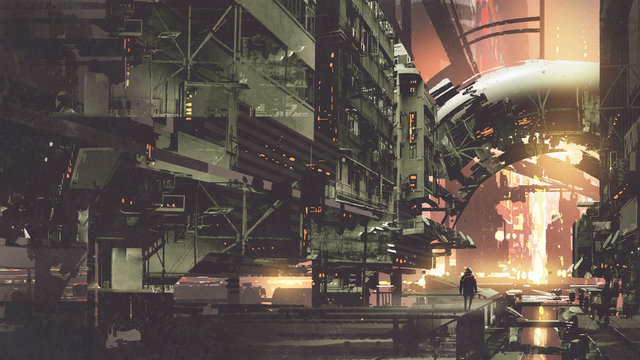sci-fi scenery of cyberpunk city with futuristic buildings, digital art style, illustration painting