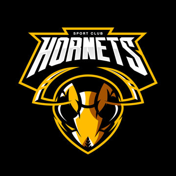 Furious hornet head athletic club vector logo concept isolated on black background. 
Modern sport team mascot badge design. Premium quality wild insect emblem t-shirt tee print illustration.