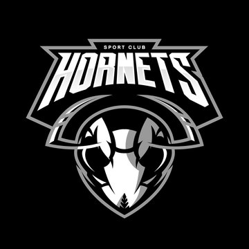 Furious hornet head athletic club vector logo concept isolated on black background. 
Modern sport team mascot badge design. Premium quality wild insect emblem t-shirt tee print illustration.
