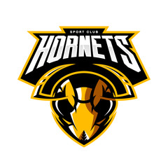 Furious hornet head athletic club vector logo concept isolated on white background. 
Modern sport team mascot badge design. Premium quality wild insect emblem t-shirt tee print illustration. - obrazy, fototapety, plakaty