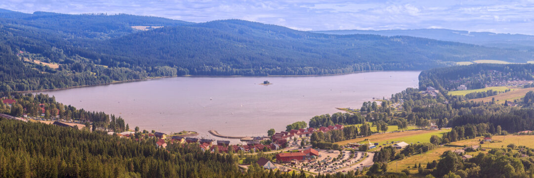 Panorama of Lake Lipno in south Bohemia, 200 km south of Prague, Czech Republic, Europe, aerial view.