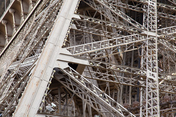 View of the detail of the Eiffel Tower in Paris. France. The Eiffel Tower was constructed from 1887-1889 as the entrance to the 1889 World's Fair by engineer Gustave Eiffel.