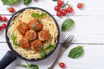 Spaghetti in pan with meatballs