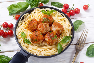 Spaghetti in pan with meatballs