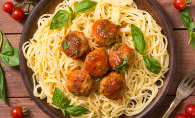 Spaghetti in pan with meatballs