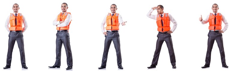 Fototapeta premium Man in life jacket isolated on white