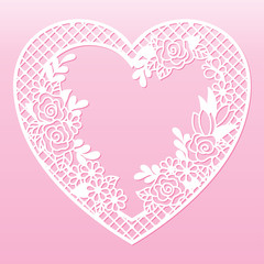 Openwork floral frame in the shape of a heart. Laser cutting template for decoration, cards, interior decorative elements.