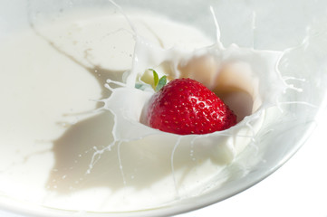 Strawberry falling in the milk with splash