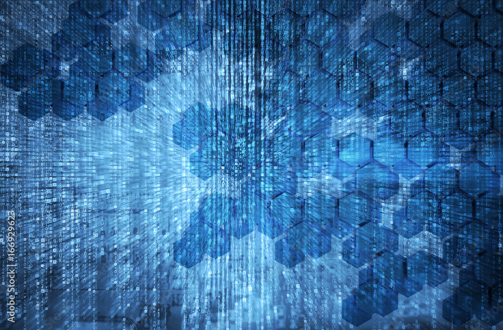 Poster blockchain distributed ledger technology , cryptocurrencies or bitcoin concept. blue hexagon six-sid