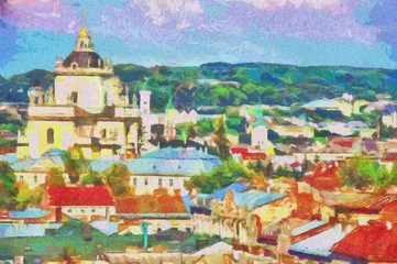 Fototapeta na wymiar Top view of old city center in Europe. Artwork. Lviv, Ukraine. Roof cityscape. Watercolor painting hand drawn. Oil painting picture. Good for postcards, posters, web design, artwork. Very high size. 