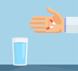 Hand with Pills and Glass of Water Medical Concept Flat Illustration