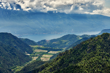 Fototapeta na wymiar Beautiful landscape. View of Lake Garda from tremalzo pass ,Italy. Popular destinations for travel in Europe. Italian Dolomites-panoramic views from the Tremalzo mountains