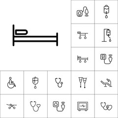 thin line bed icon, medical tools set on white background
