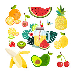 Set of fruits: strawberry, orange, banana, watermelon, pineapple, cherry, kiwi, lemon, avocado. Vector illustration, isolated on white.