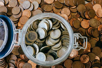Images of euro coins. Many coins stacked on each other in different positions. Money concept.