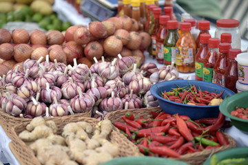 The colorful spices in free market stall typical of Brazil