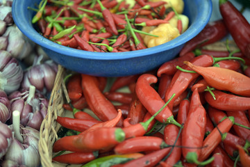 The colorful peppers in free market stall typical of Brazil