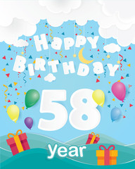cool 58 th birthday celebration greeting card origami paper art design, birthday party poster background with clouds, balloon and gift box full color. fifty eight years anniversary celebrations
