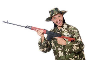 Soldier with weapons isolated on white