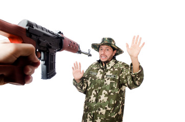 Soldier with weapons isolated on white