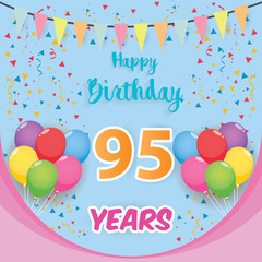 color full 95 th birthday celebration greeting card design, birthday party poster background with balloon, ribbon and confetti. ninety five anniversary celebrations