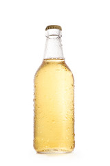 Golden light beer bottle with water drops