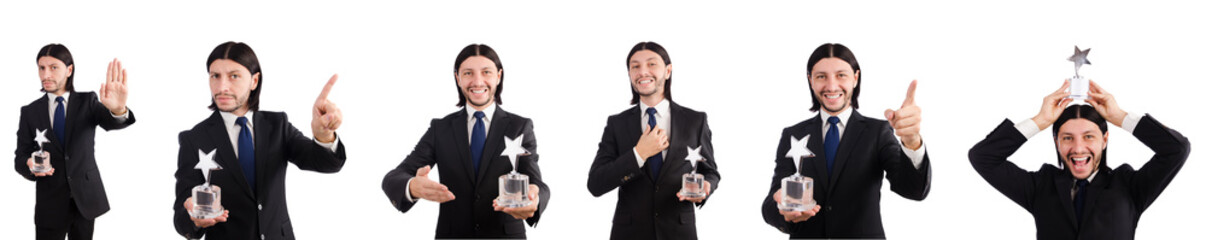 Businessman with star award isolated on white