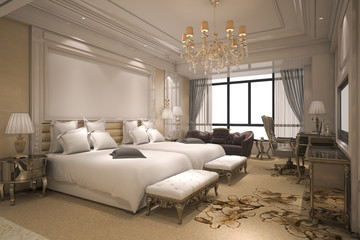 3d rendering luxury modern bedroom suite in hotel with golden decor