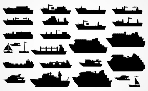 Vector set black silhouettes of different ships.