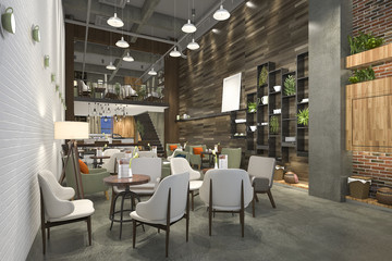 3d rendering loft and luxury hotel reception and cafe lounge restaurant