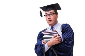 Young man student graduating isolated on white