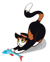 Illustration of a Cute Spotted Kitten with a Fish