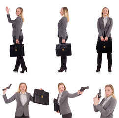 Businesswoman in gray suit isolated on white
