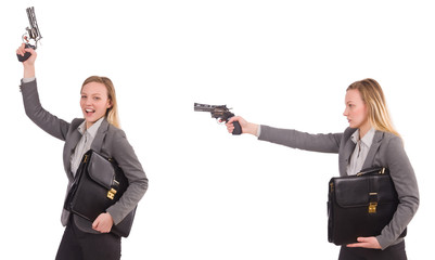 Businesswoman with gun isolated on white