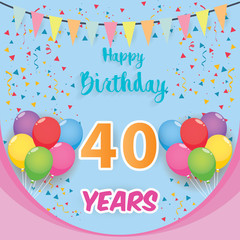 color full 40 th birthday celebration greeting card design, birthday party poster background with balloon, ribbon and confetti. forty anniversary celebrations