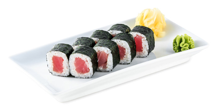 Rolls with tuna plate - Maguro Maki isolated on white