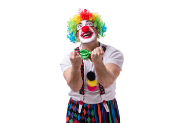 Funny clown acting silly isolated on white background