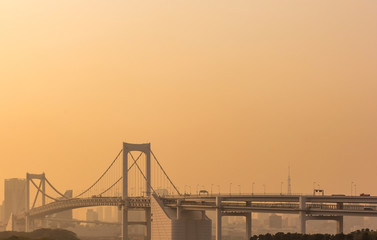 Tokyo skyline with Tokyo tower and rainbow bridge in sunset. Tokyo, Japan.