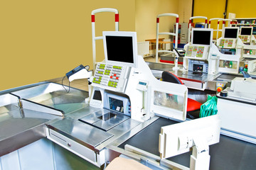 Cash registers in the store. Grocery store.