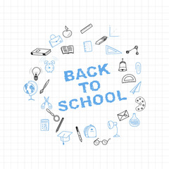 Back to school. Set of drawing vector elements with a sheet in a box. for education with endolar accessories. Vector illustration.