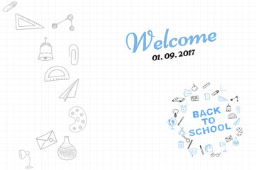Template on a theme back to school with a sheet in a box. A set of drawing vector elements for education with endolar accessories. Vector illustration.