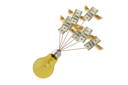 Creative concept flying dollars with big light bulb on white background.3D illustration.
