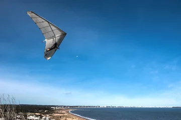 Tuinposter Hang-glider flies over the Punta Ballena cape, Punta del Este, Uruguay © Kseniya Ragozina
