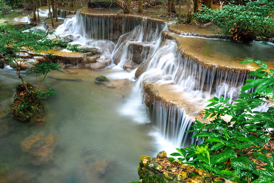 Huay Mae Kamin,Beautiful waterfall landscape in rainforset at Kanchanaburi province,Thailand